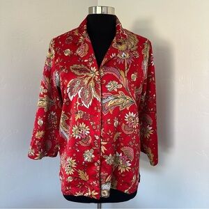Natori Floral MONGOLIA RED SATIN CHARMEUSE PAJAMAS TOP Size M